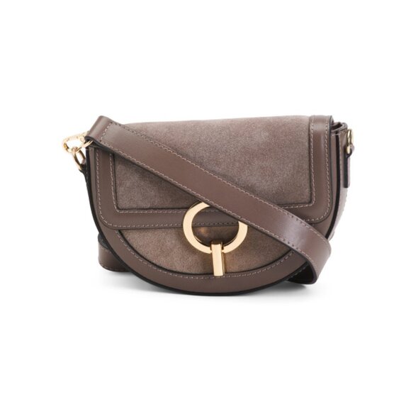CHEVAL Taupe Made In Italy Suede Saddle Ring Gold Tone Hardware Detail Tote